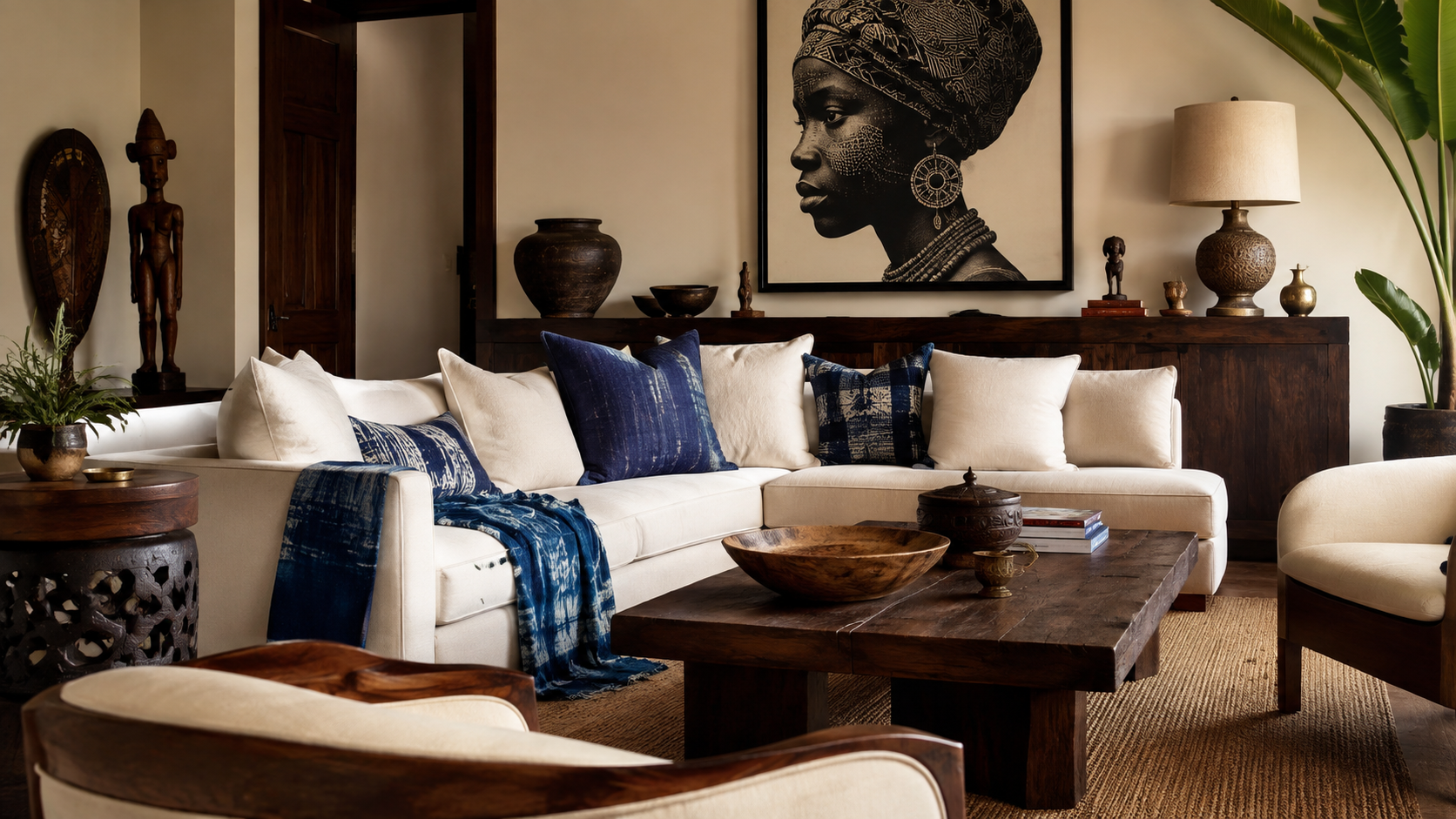 Sophisticated living room based on a classic indigo, cream and walnut wood color palette